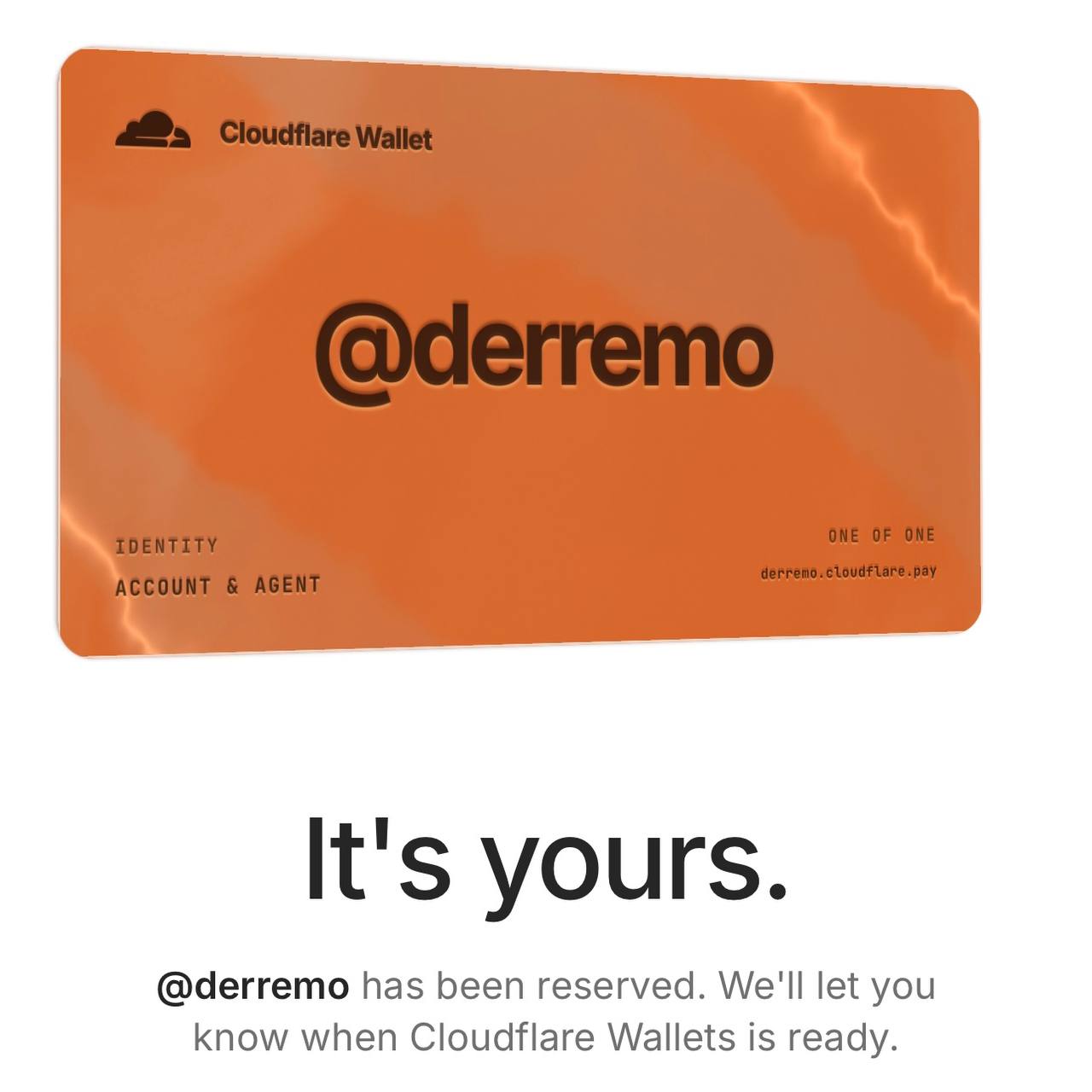 Orangefarbene Cloudflare-Wallet-Karte mit dem reservierten Handle @derremo