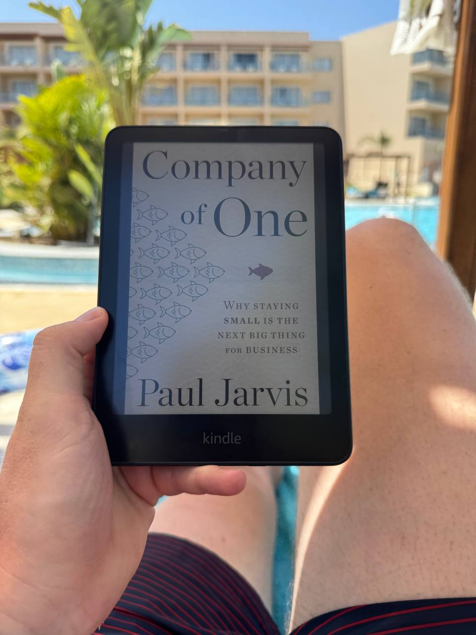 Das Buch Company of One neben einem Pool.