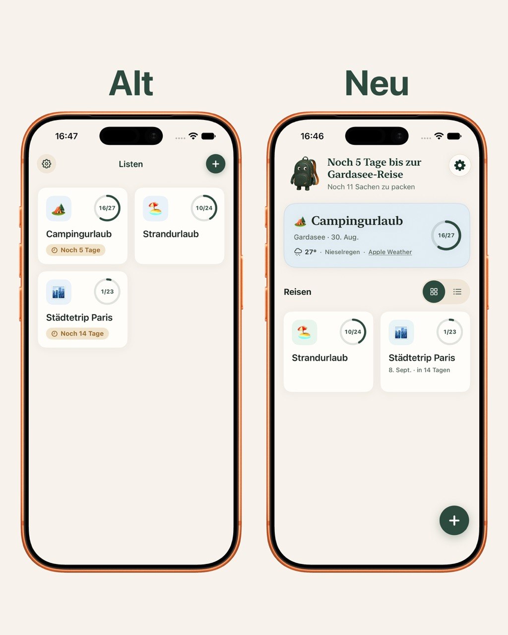 Vergleich der bisherigen und der neuen Listenübersicht in Packliste 4.0