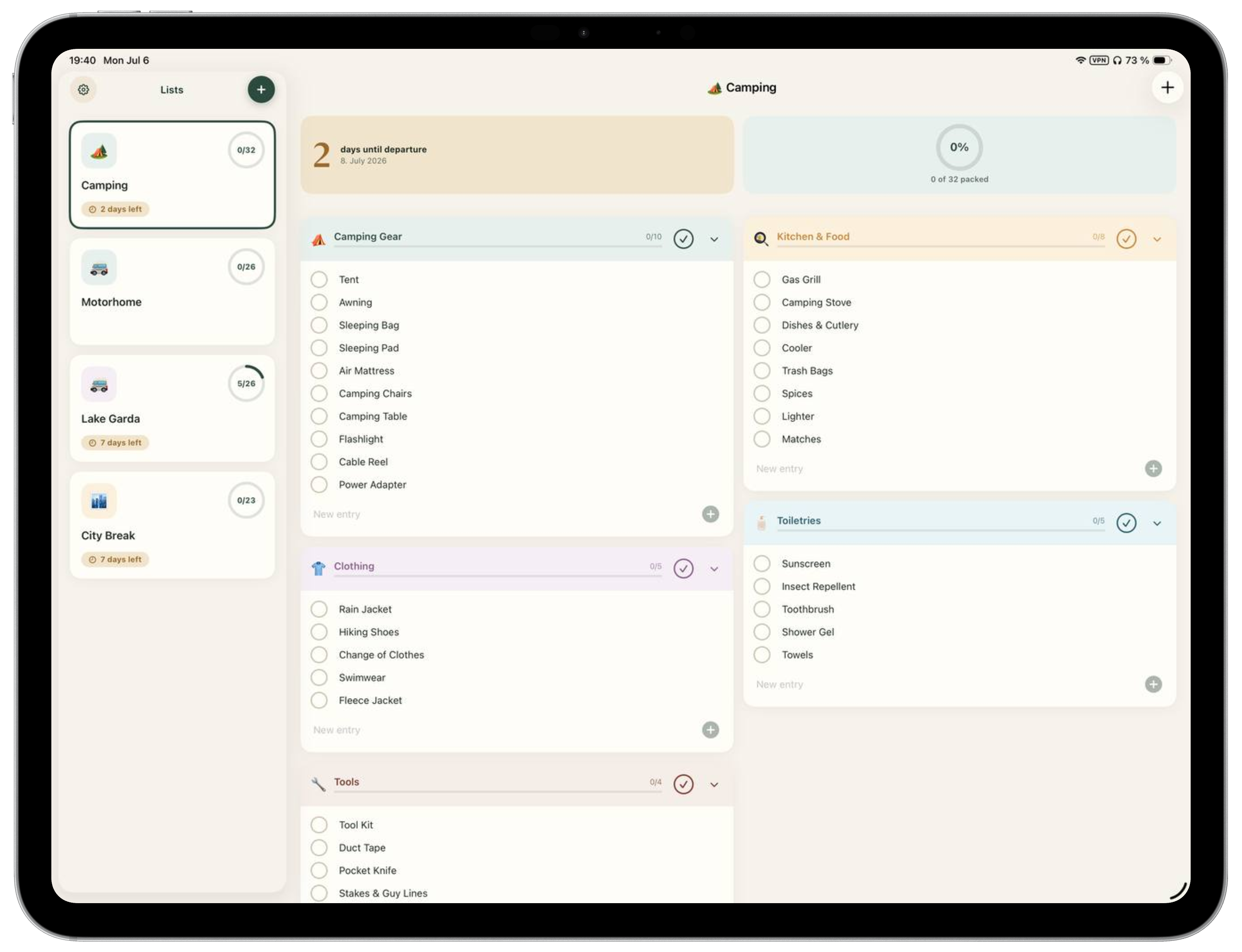 Packliste auf einem iPad Pro im Landscape-Layout