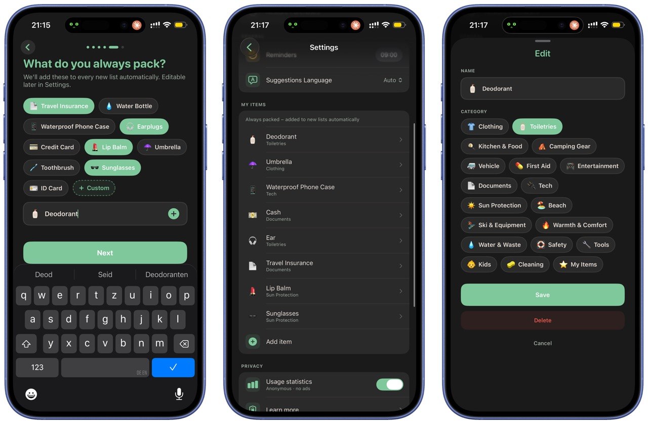 Drei iPhone-Screenshots aus Packliste, die das Anlegen und Bearbeiten von immer eingepackten Gegenständen zeigen