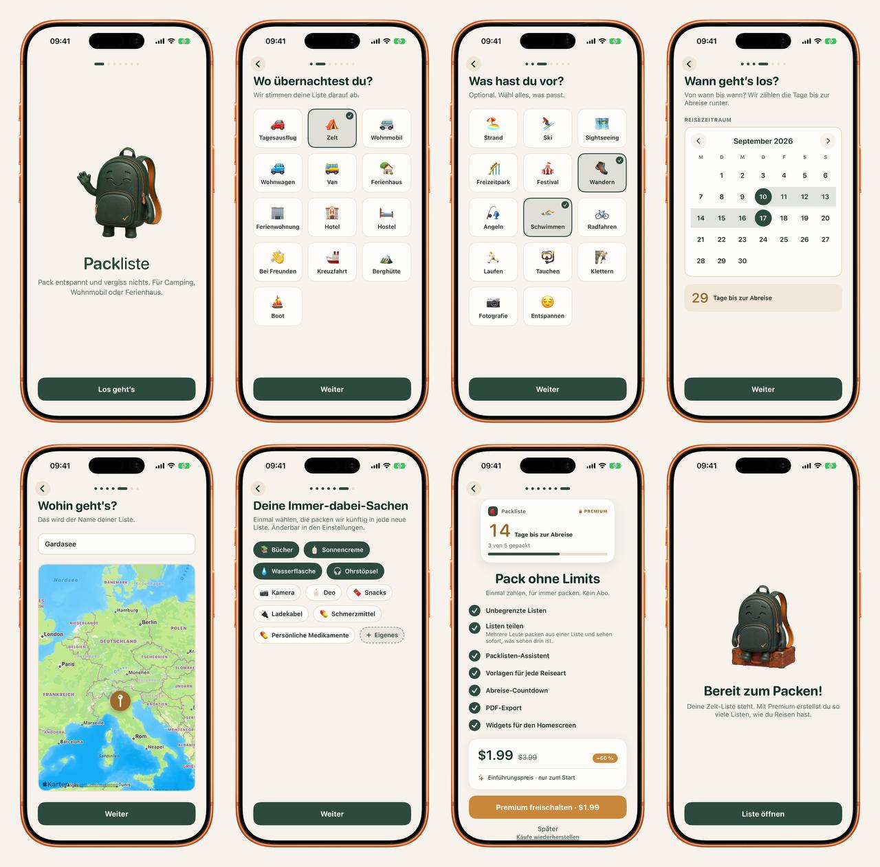 Acht iPhone-Screens zeigen das neue Packliste-Onboarding: Packli, Unterkunft und Aktivitäten auswählen, Reisezeitraum und Ziel festlegen, Immer-dabei-Sachen wählen, Premium-Angebot und fertige Liste.
