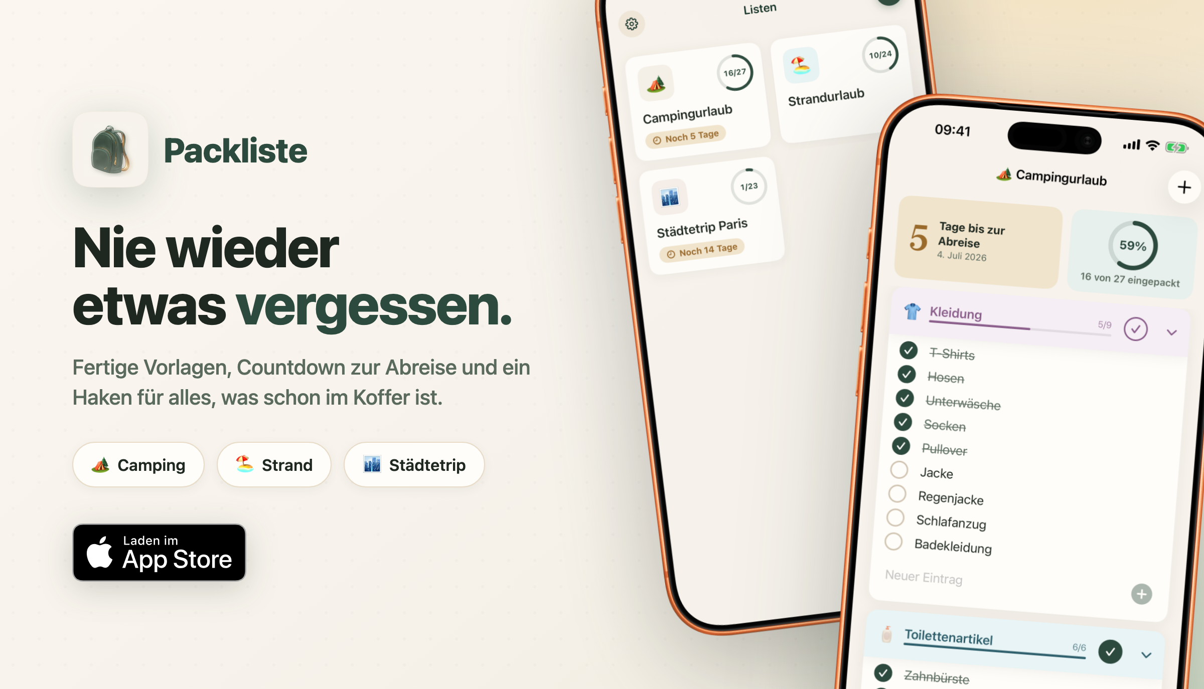 Promo-Grafik für Packliste mit App-Icon, dem Text Nie wieder etwas vergessen und zwei iPhone-Mockups der App