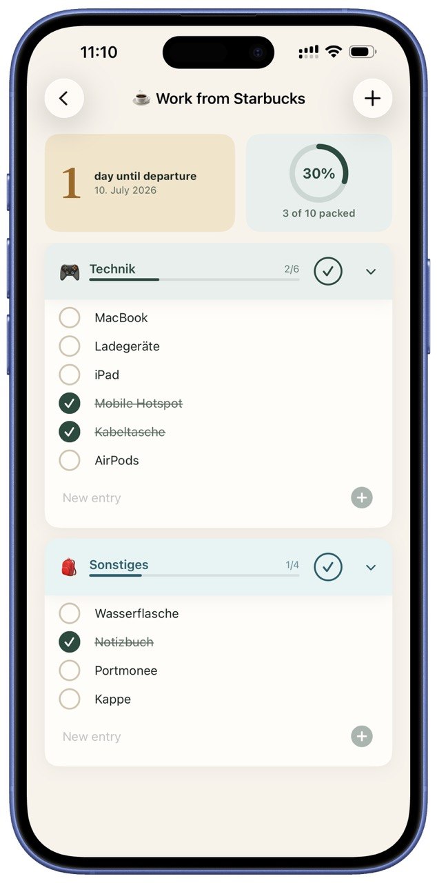 Screenshot von Packliste auf einem iPhone. Zu sehen ist eine Liste „Work from Starbucks“ mit 30 Prozent Fortschritt und Einträgen wie MacBook, Ladegeräte, iPad, AirPods, Wasserflasche, Portmonee und Kappe.