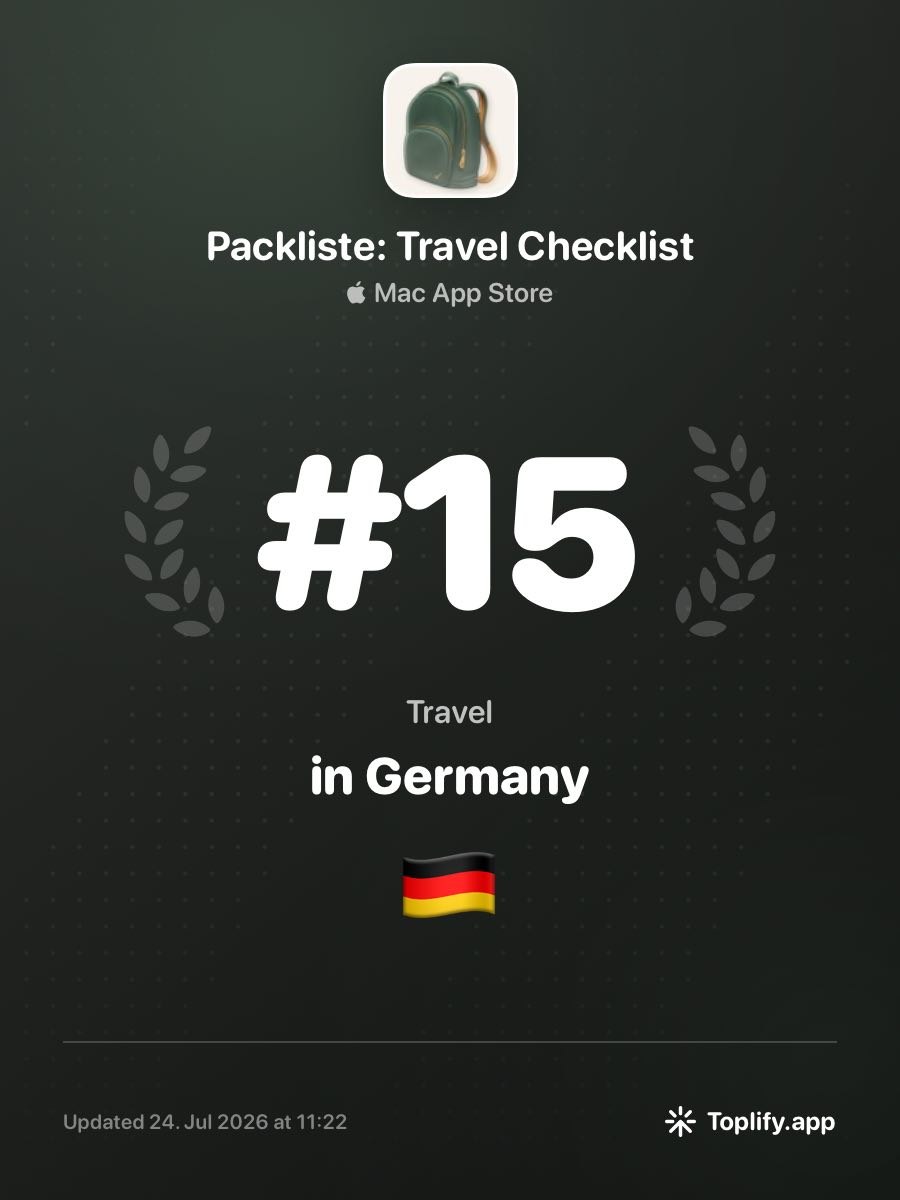 Toplify screenshot showing Packliste ranked 15th in the Travel category of the German AppStore.